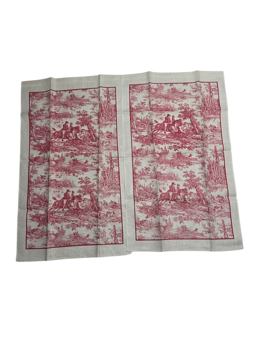 Vintage CWF Red Toile de Jouy Linen Tea Towels Set of 2